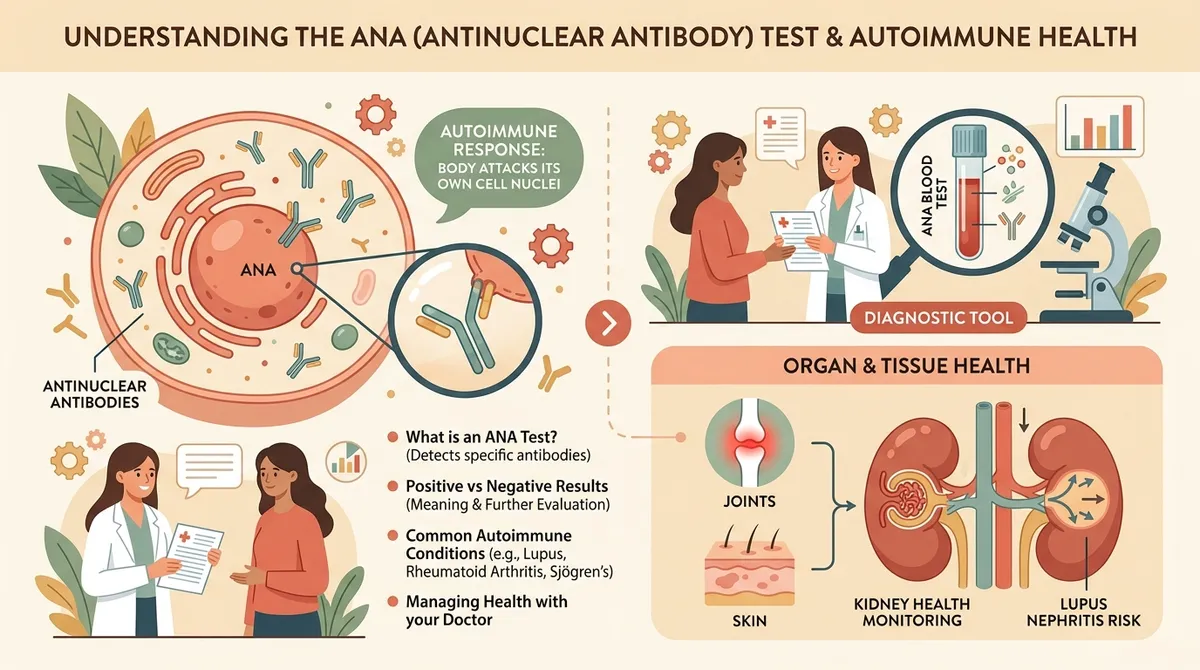 Antinuclear Antibodies ANA laboratory blood test and autoimmune health illustration