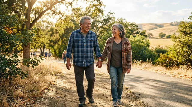 A happy Hispanic senior couple walking together on a sunny outdoor path in a Central Valley park