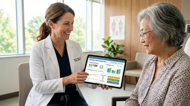 Digital tablet showing clear health charts held by a clinician in soft natural daylight