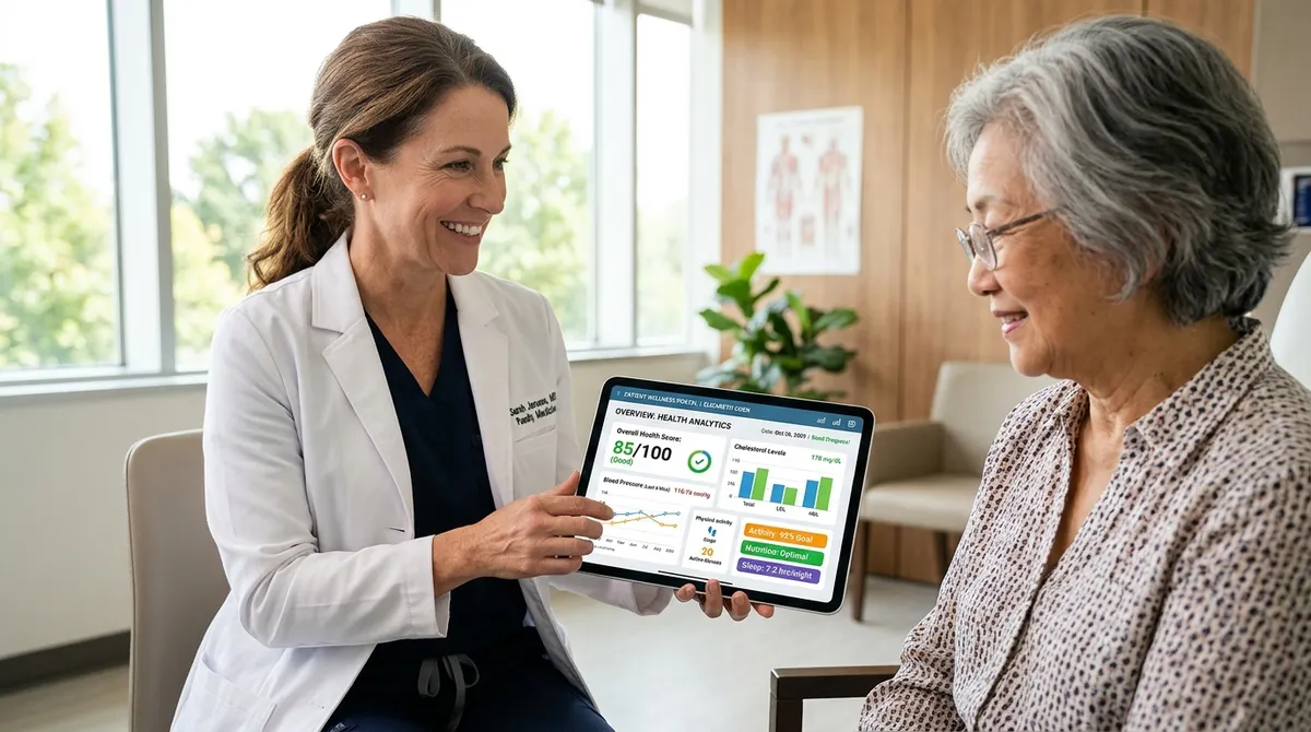 Digital tablet showing clear health charts held by a clinician in soft natural daylight