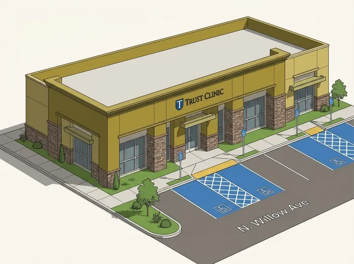 Arrival, parking, and entrance guide for Fresno Clinic (Inside Trust Clinic)
