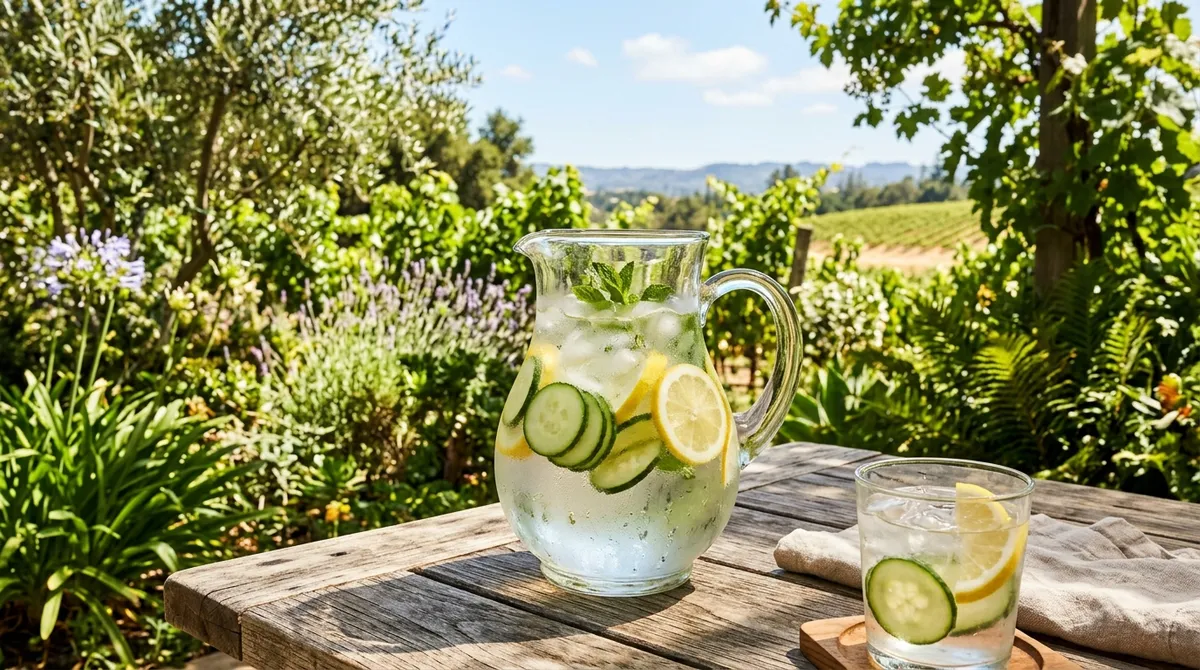 Refreshing pitcher of cold water with cucumber and lemon slices outdoors on a sunny summer day