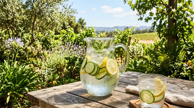 Refreshing pitcher of cold water with cucumber and lemon slices outdoors on a sunny summer day