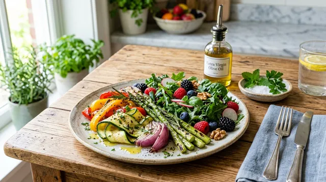 Fresh vegetables, berries, herbs, and olive oil arranged on a bright kitchen counter