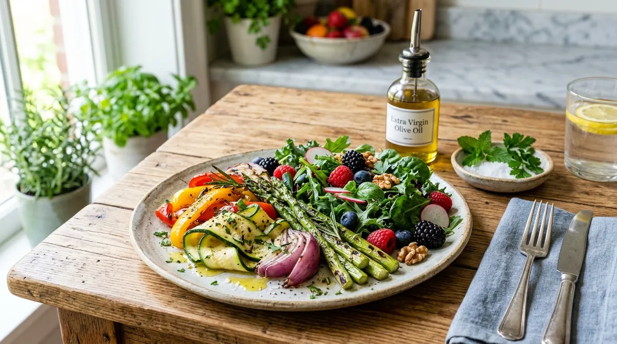 Fresh vegetables, berries, herbs, and olive oil arranged on a bright kitchen counter