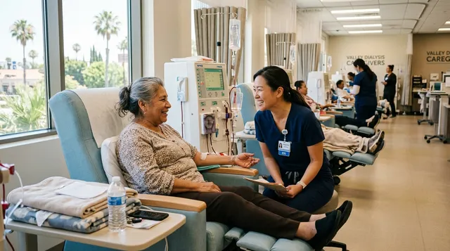A compassionate nurse chatting with an older Hispanic female patient sitting in a comfortable armchair in a bright dialysis care room