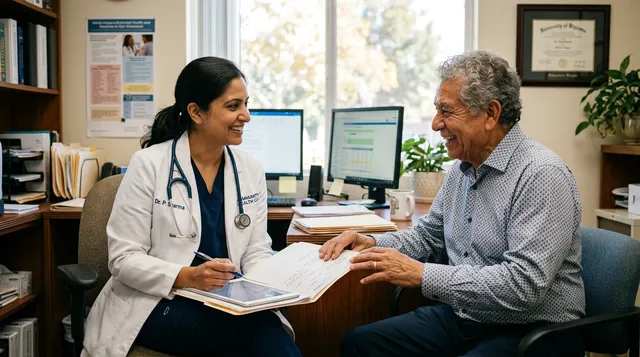 A South Asian physician and Hispanic senior patient discussing care in a warm California clinic room