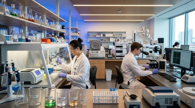 Modern medical research laboratory with glass equipment under soft blue and ambient light