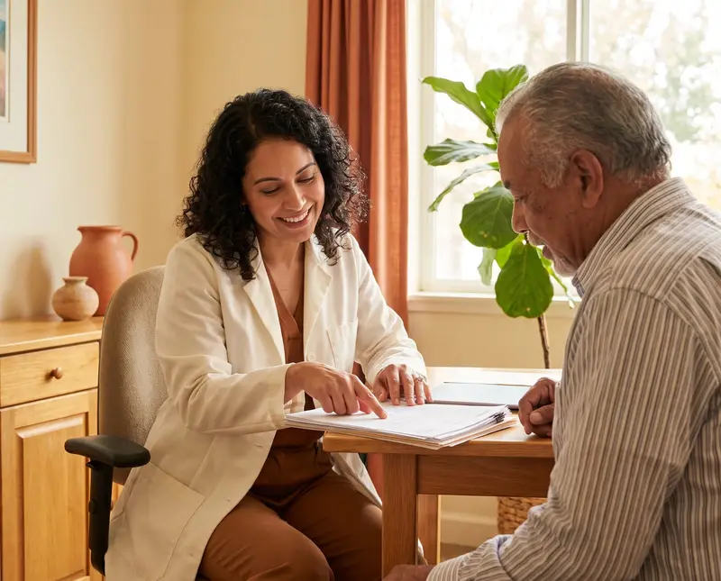 A nephrologist going over lab results with an older adult patient